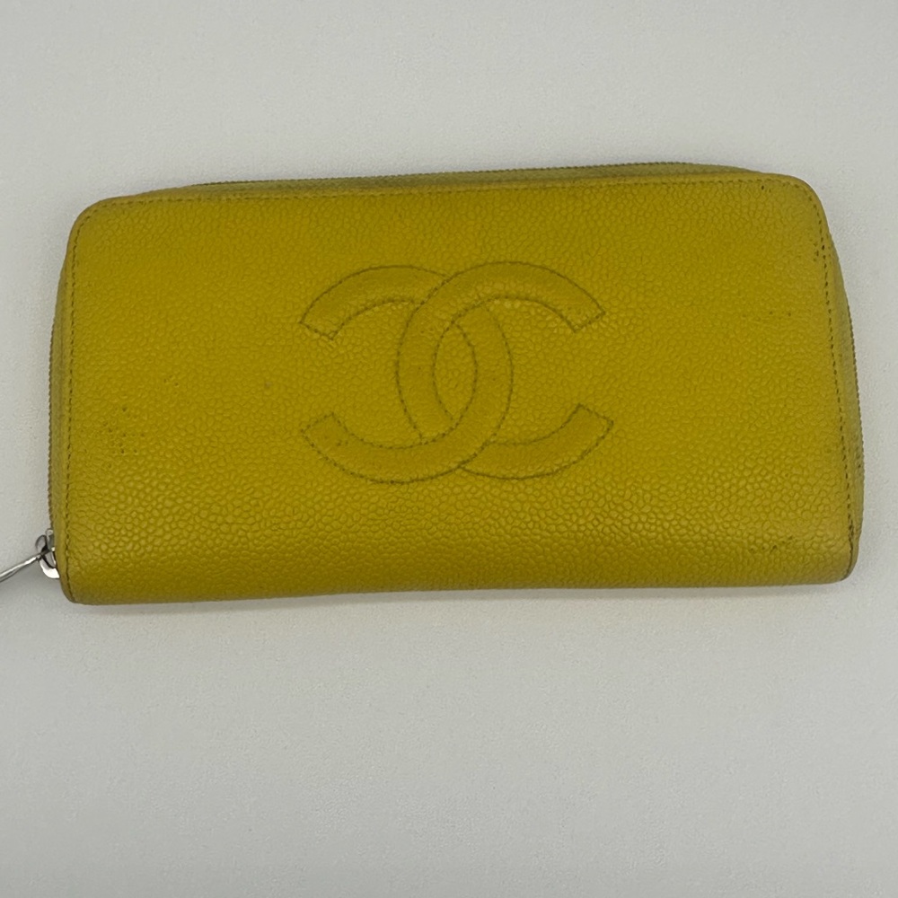 CHANEL Zip Around Long Wallet in Yellow Caviar Leather